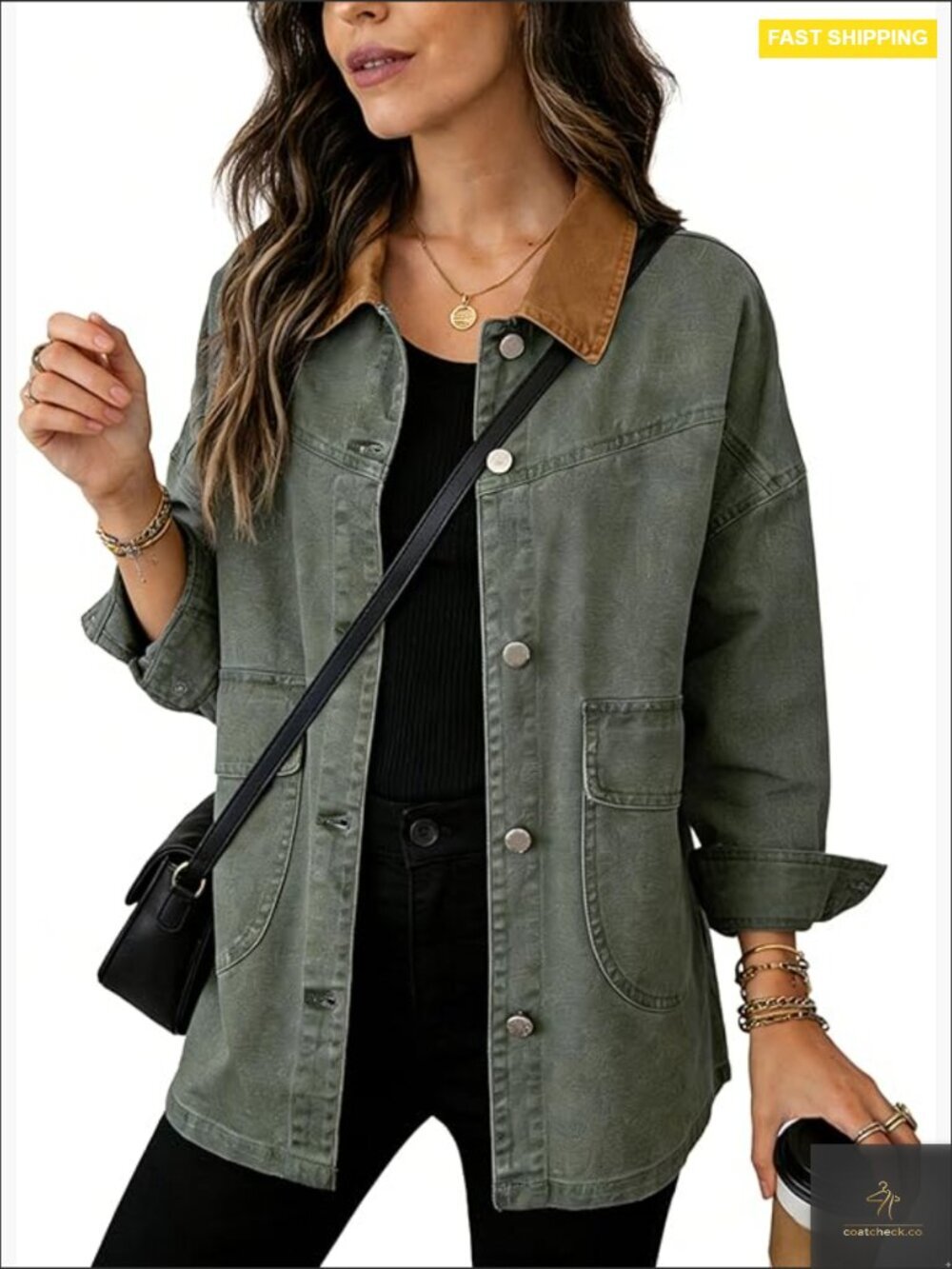 Oversized Contrast Collar Denim Barn Jacket Button Down Big Pockets Spring Fall